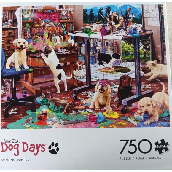 Dog Days Puppy Workshed 750 Piece Jigsaw Puzzle with Poster by Buffalo - Picture 1 of 4